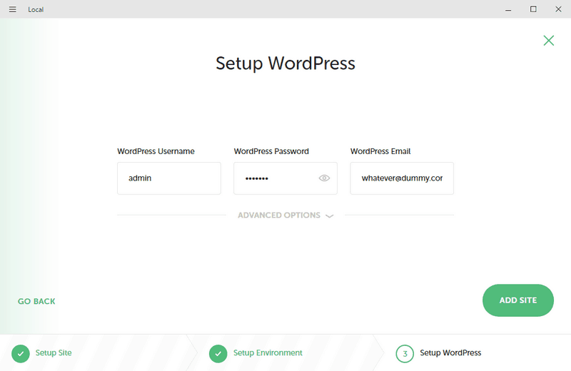 Configurando tu primer sitio con Local: configuración de cuenta de WordPress
