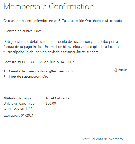 Muestra la confirmación de membresía