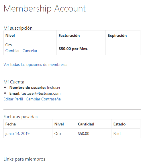 Muestra una cuenta de usuario de Paid Memberships Pro
