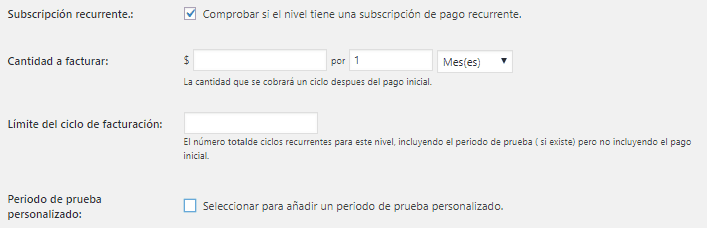 Muestra las opciones de pago recurrente de Paid Memberships Pro