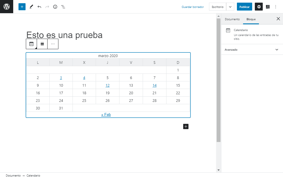 Muestra el bloque de widget de Calendario 