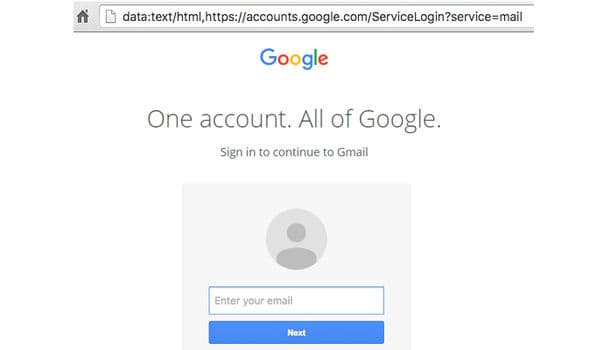 Muestra un intento de phishing, copiando el login de Google.