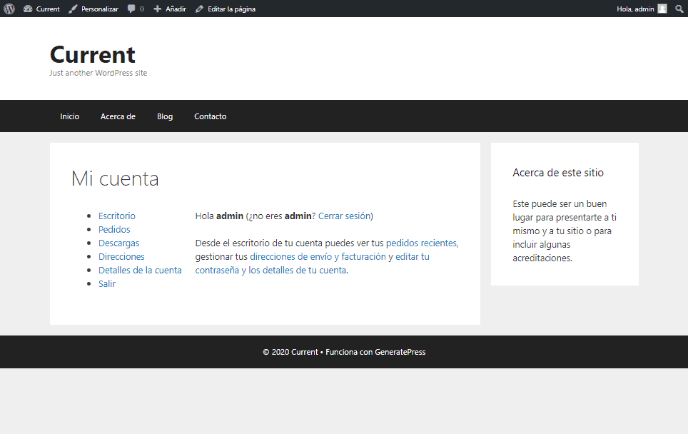 Muestra la página "Mi cuenta" de WooCommerce sin personalizar