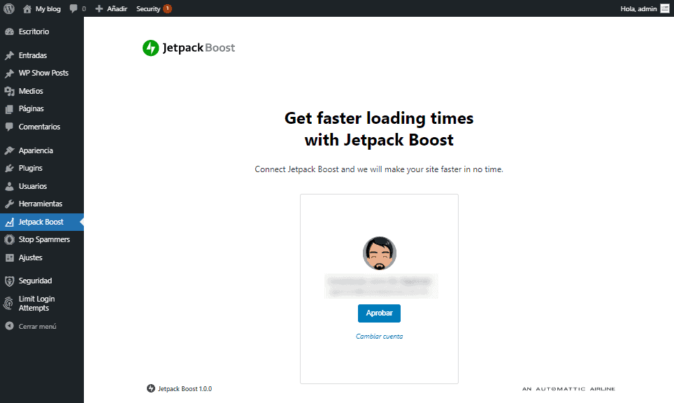 Muestra como conectar JetPack Boost con cuenta de wordpress.com